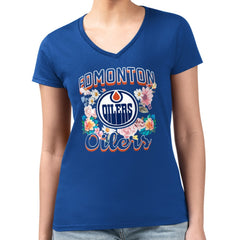 NHL Edmonton Oilers G-III 4Her by Carl Banks Women's Super-Slim Fit Lightweight Flower Logo V-Neck T-Shirt - Royal
