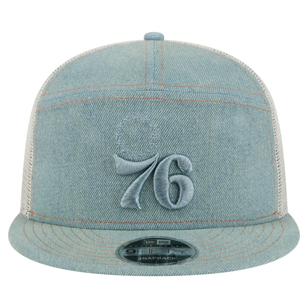 Philadelphia 76ers Adventure Denim Split Panel 9FIFTY Snapback Trucker Hat