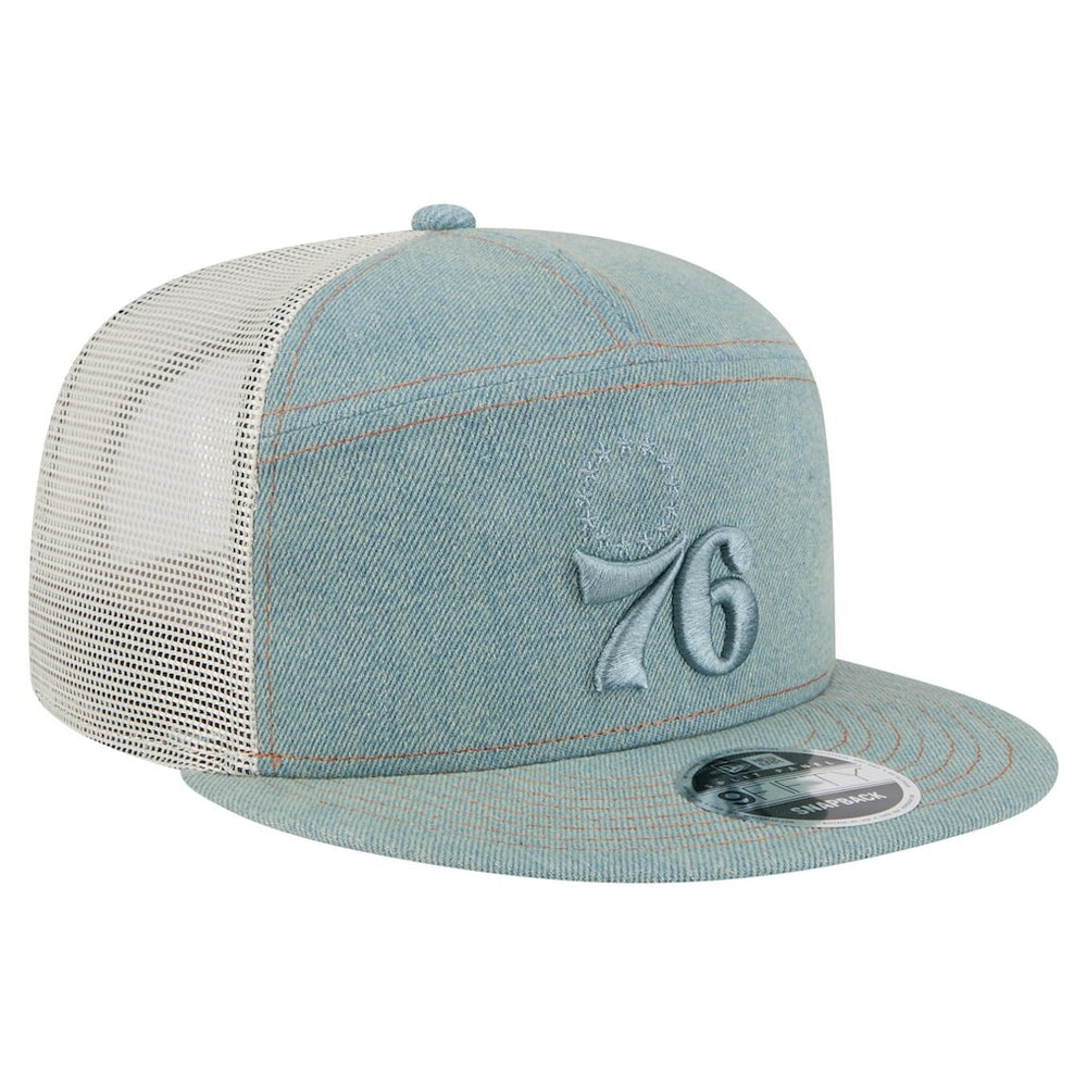 Philadelphia 76ers Adventure Denim Split Panel 9FIFTY Snapback Trucker Hat