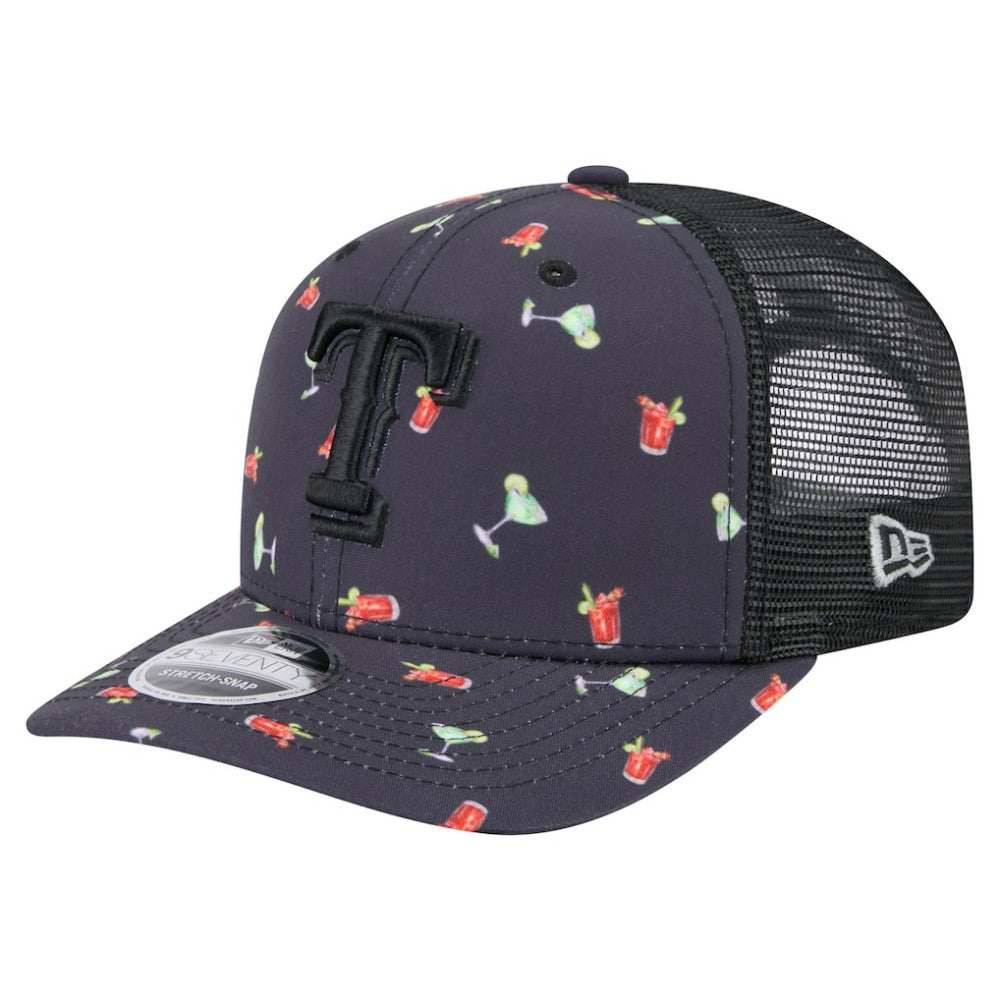 Texas Rangers New Era Adventure Drinks Pattern 9SEVENTY Stretch-Snap Hat - Black Hats
