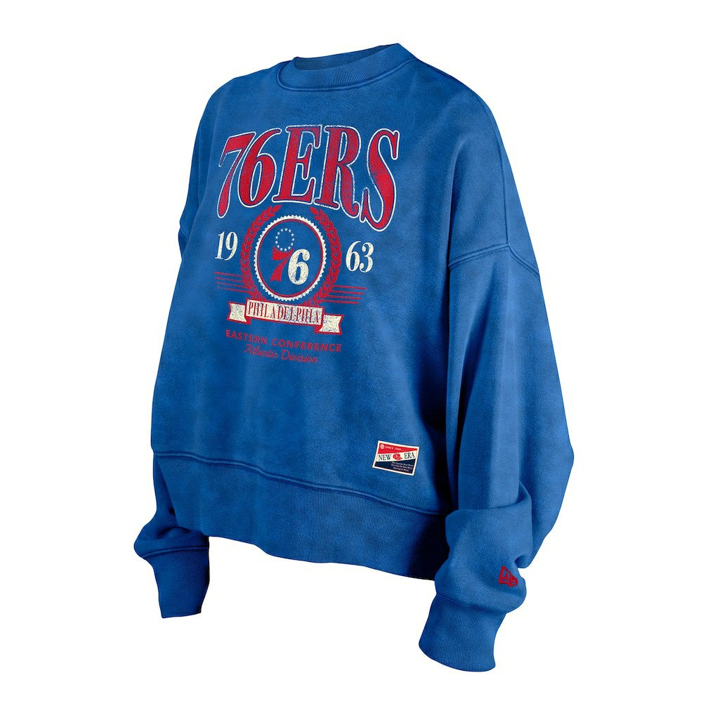 Philadelphia 76ers Women's Throwback Vintage Enzyme Wash Oversized Boxy Pullover Sweatshirt Royal