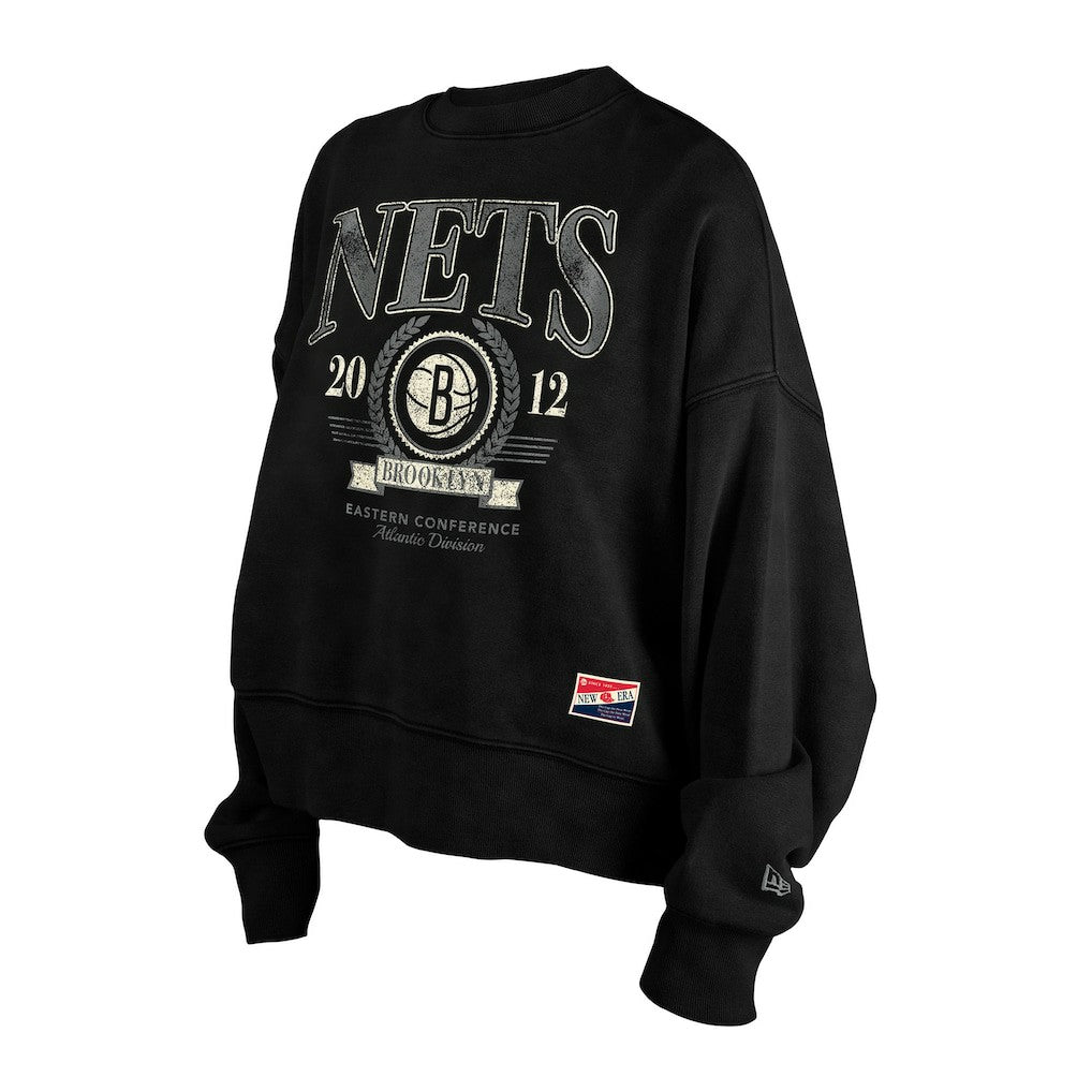 Brooklyn Nets Women's Throwback Vintage Enzyme Wash Oversized Boxy Pullover Sweatshirt Black