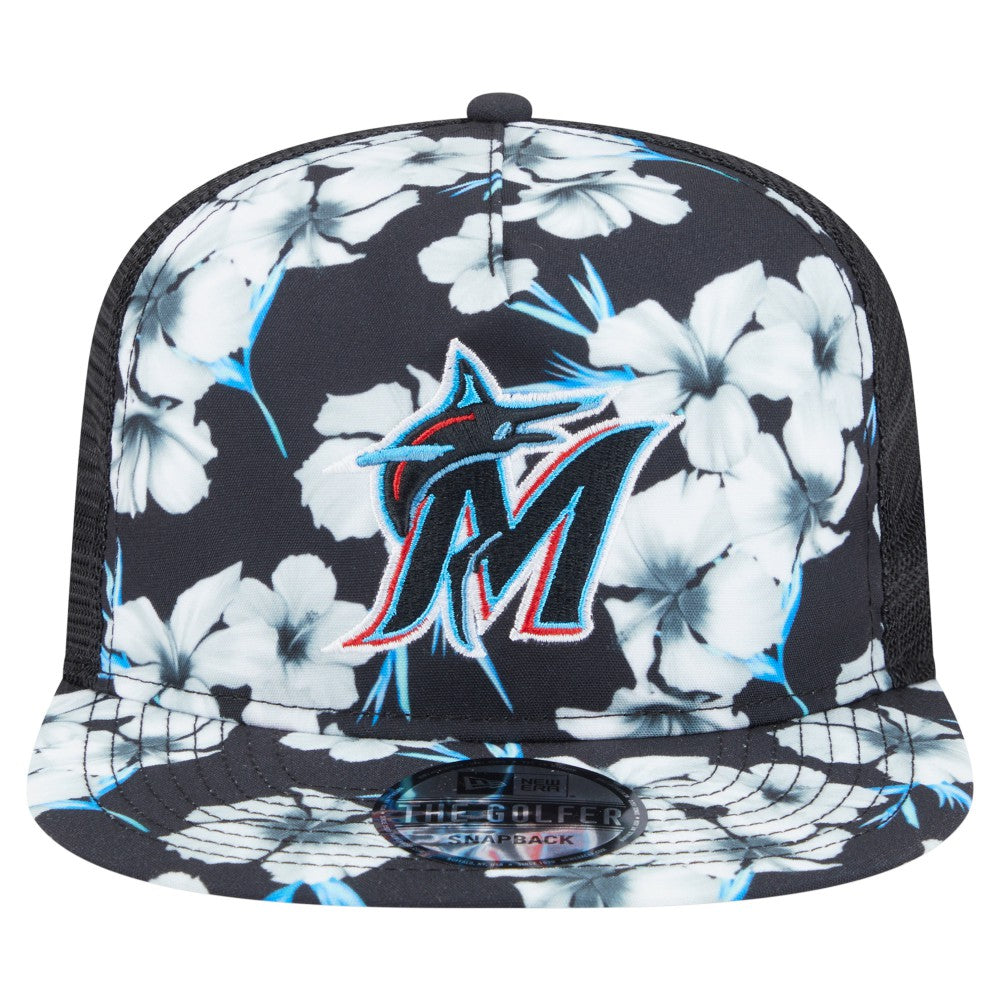 Miami Marlins New Era Adventure Pattern Golfer Trucker Snapback Hat - Black Hats