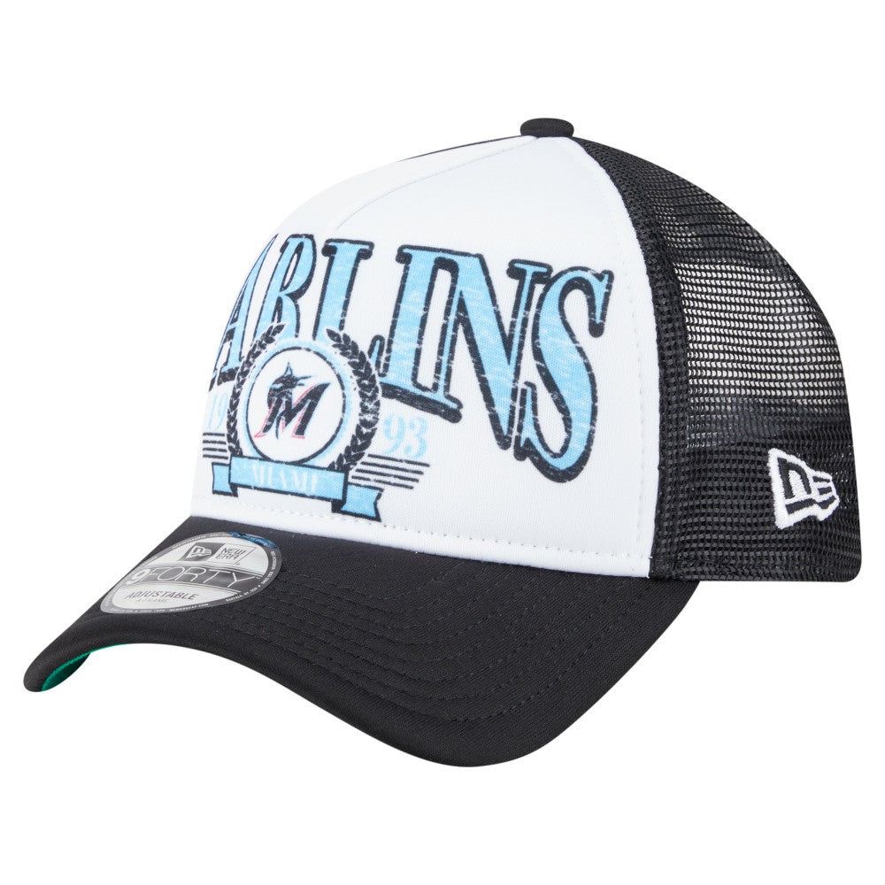 Miami Marlins New Era Distressed 9FORTY A-Frame Adjustable Trucker Hat - Black Hats
