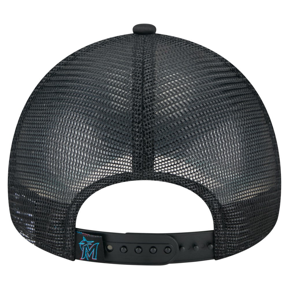 Miami Marlins New Era Distressed 9FORTY A-Frame Adjustable Trucker Hat - Black Hats