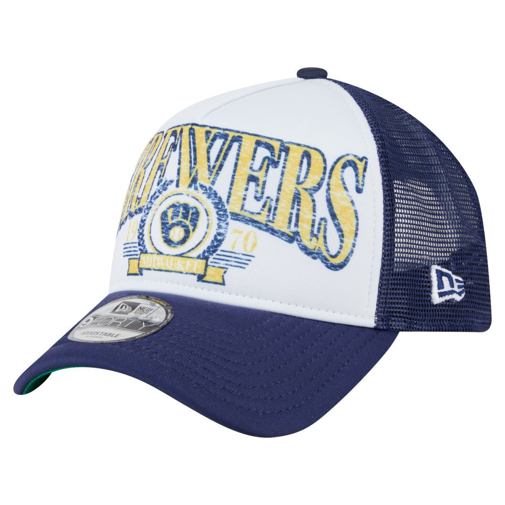 Milwaukee Brewers New Era Distressed 9FORTY A-Frame Adjustable Trucker Hat - White Hats