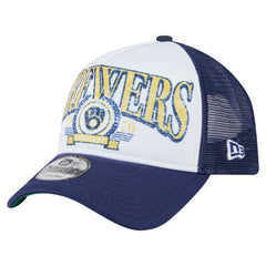 Milwaukee Brewers New Era Distressed 9FORTY A-Frame Adjustable Trucker Hat - White Hats