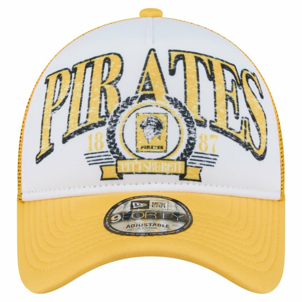 Pittsburgh Pirates New Era Distressed 9FORTY A-Frame Adjustable Trucker Hat - White/Gold Hats