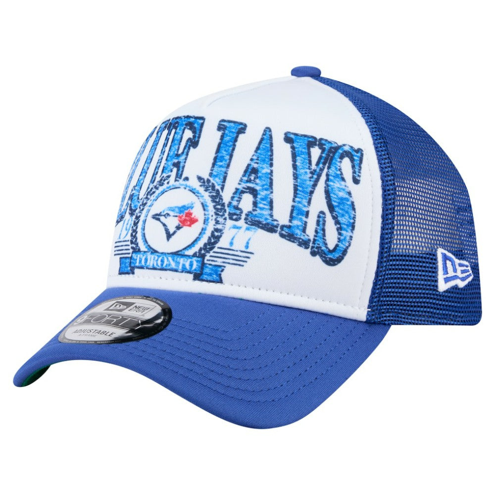 Toronto Blue Jays New Era Distressed 9FORTY A-Frame Adjustable Trucker Hat - White/Royal Hats