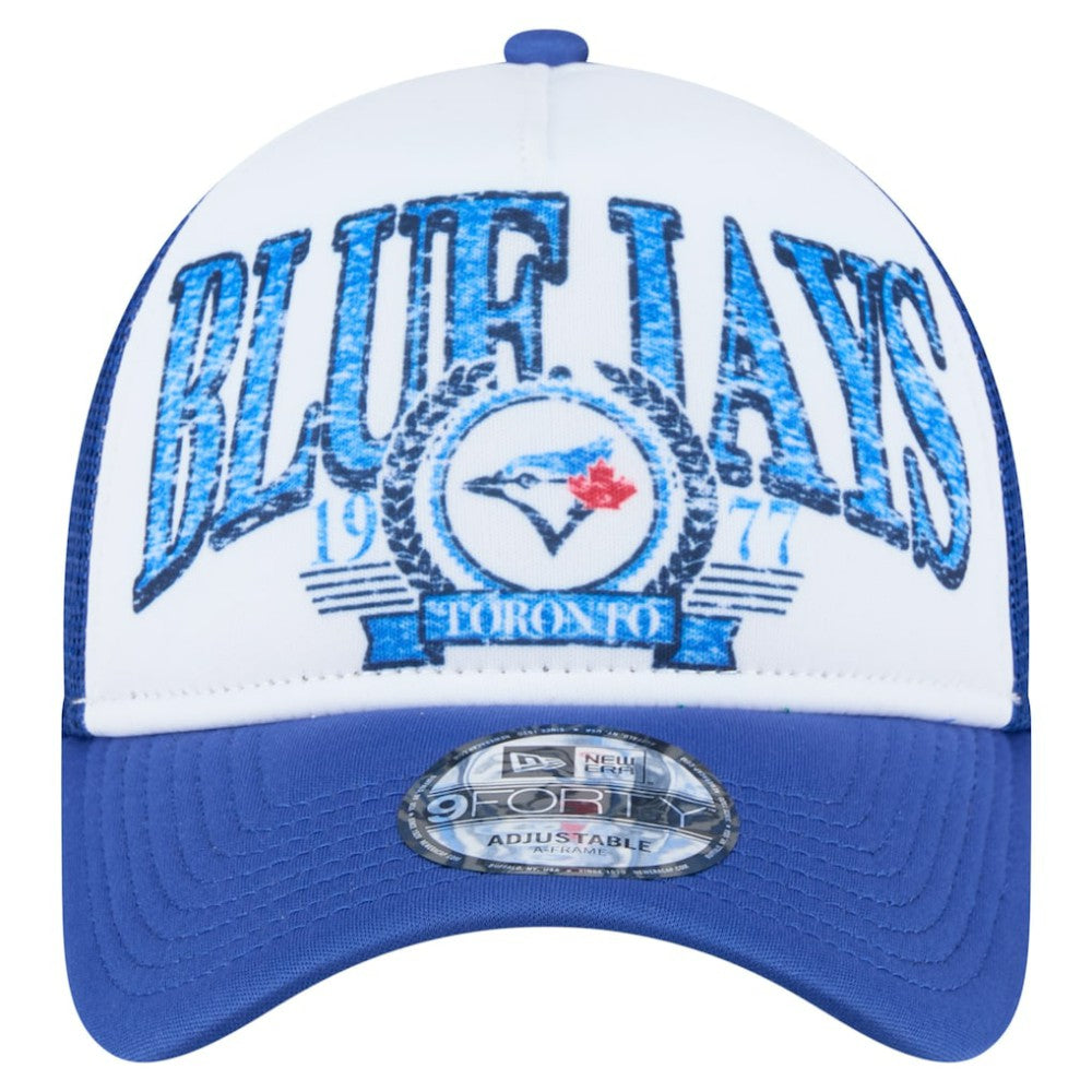 Toronto Blue Jays New Era Distressed 9FORTY A-Frame Adjustable Trucker Hat - White/Royal Hats