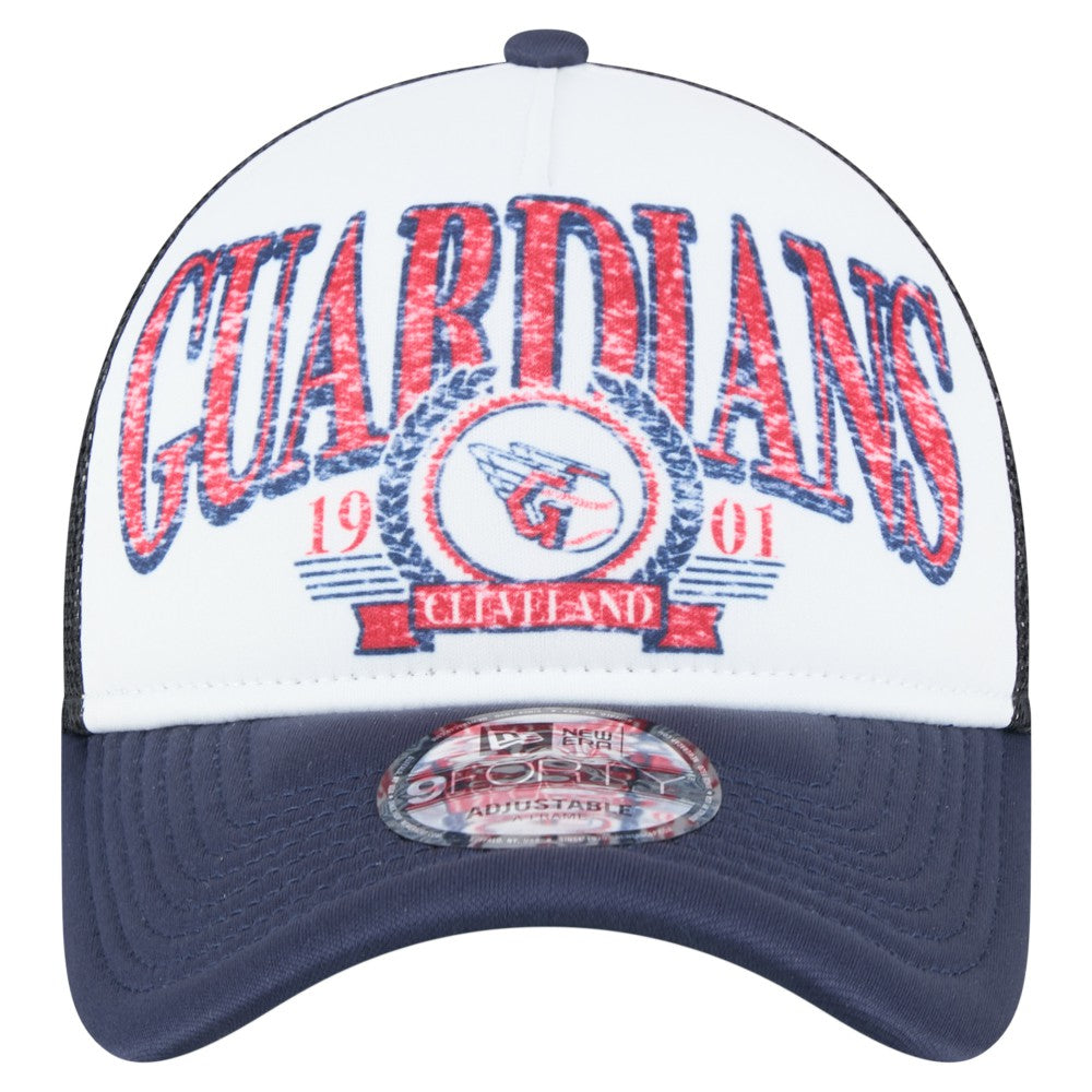 Cleveland Guardians New Era Distressed 9FORTY A-Frame Adjustable Trucker Hat - White/Navy Hats