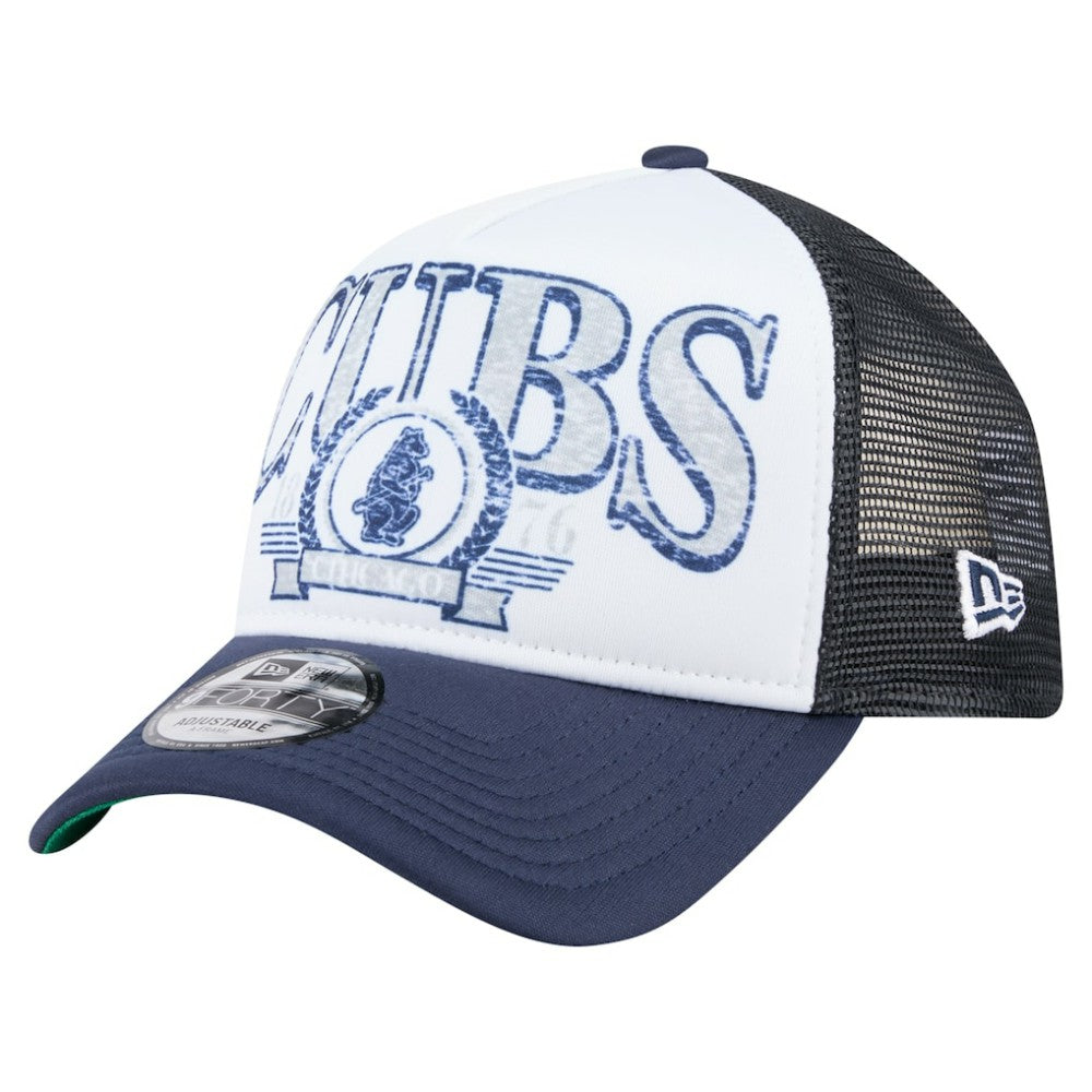 Chicago Cubs New Era Distressed 9FORTY A-Frame Adjustable Trucker Hat - White/Navy Hats