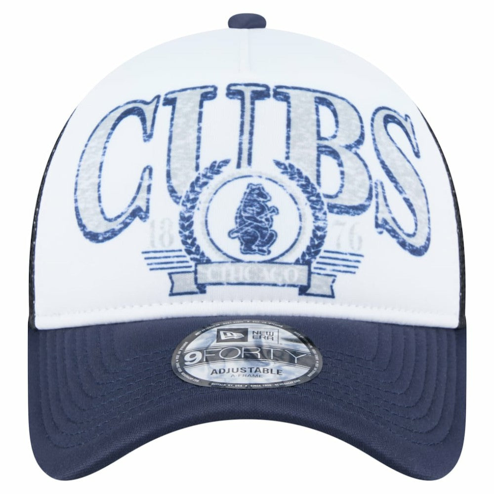 Chicago Cubs New Era Distressed 9FORTY A-Frame Adjustable Trucker Hat - White/Navy Hats