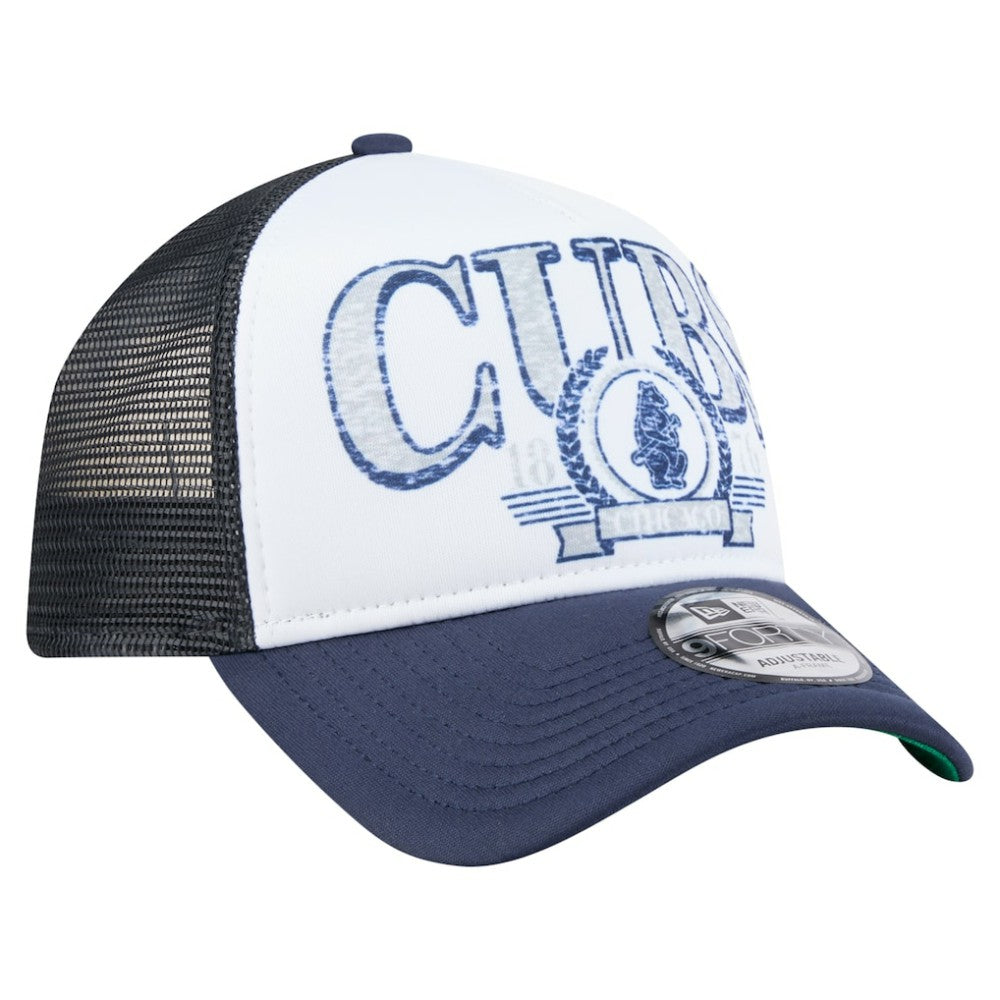Chicago Cubs New Era Distressed 9FORTY A-Frame Adjustable Trucker Hat - White/Navy Hats