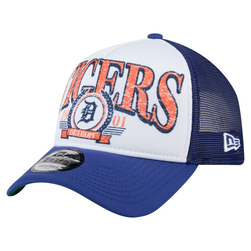 Detroit Tigers New Era Distressed 9FORTY A-Frame Adjustable Trucker Hat - White/Navy Hats