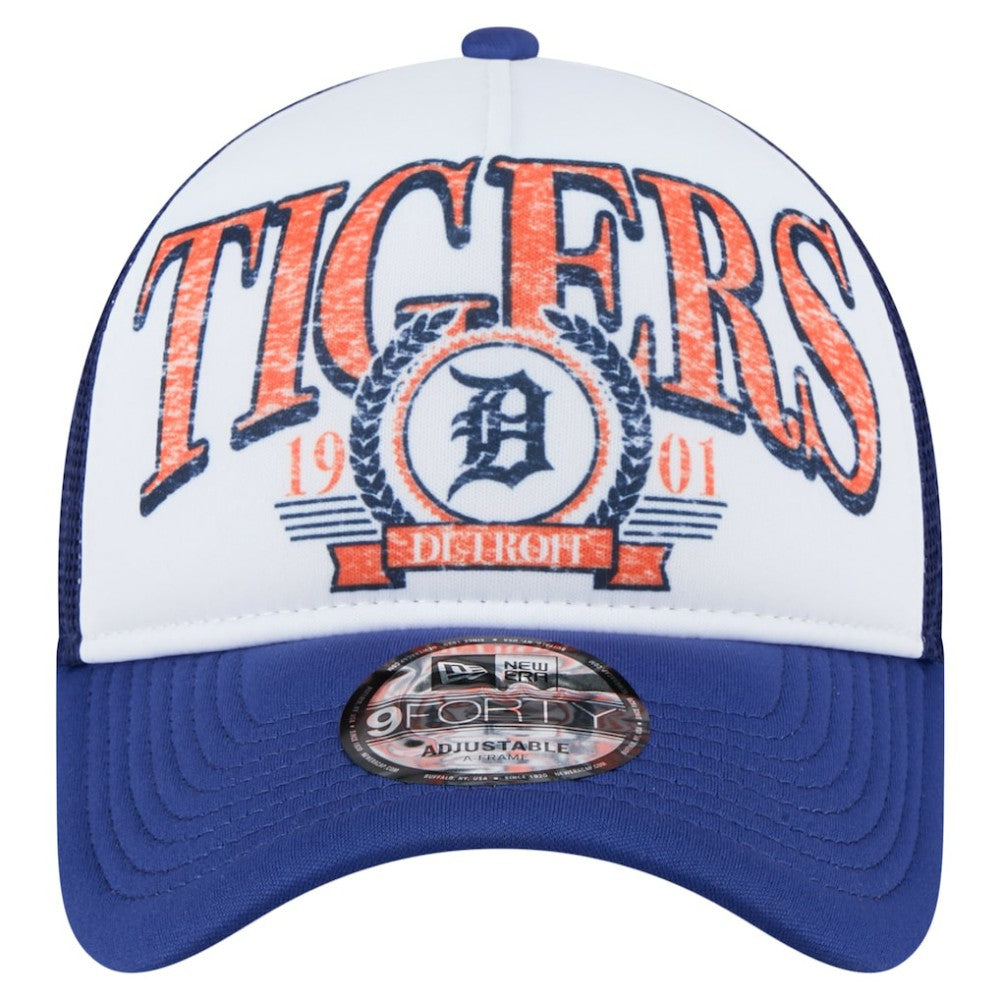Detroit Tigers New Era Distressed 9FORTY A-Frame Adjustable Trucker Hat - White/Navy Hats