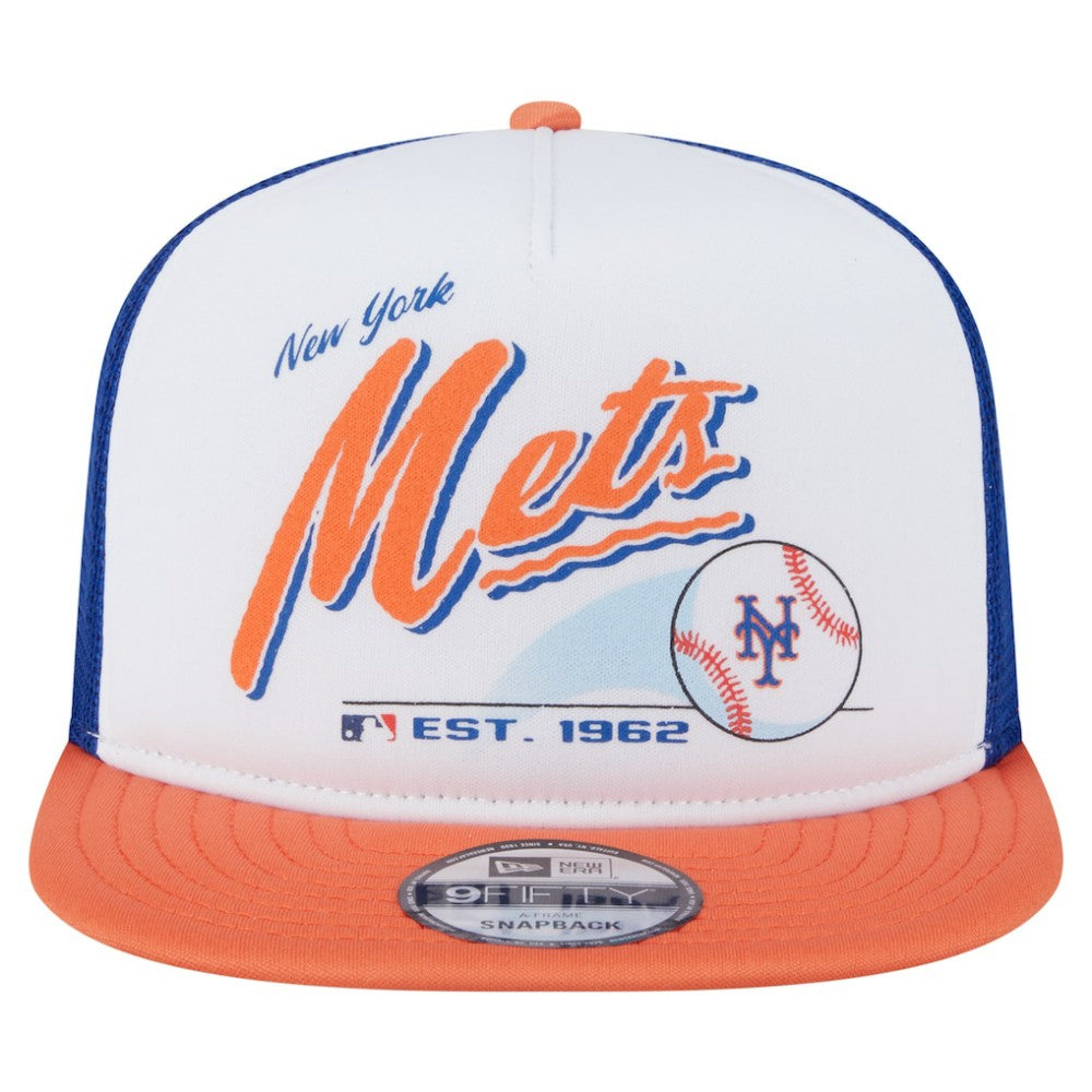 New York Mets New Era Retro Script Trucker 9FIFTY Snapback Hat - White/Orange Hats