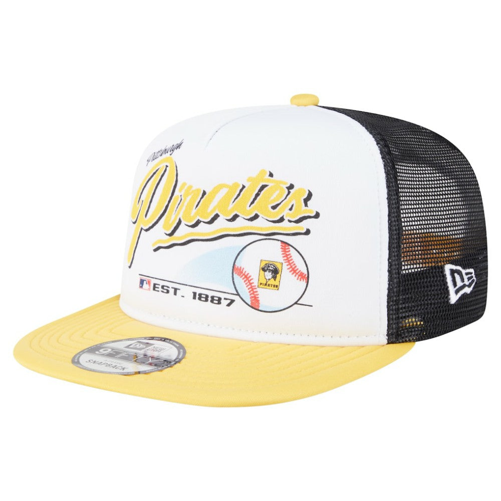 Pittsburgh Pirates New Era Retro Script Trucker 9FIFTY Snapback Hat - White/Gold Hats