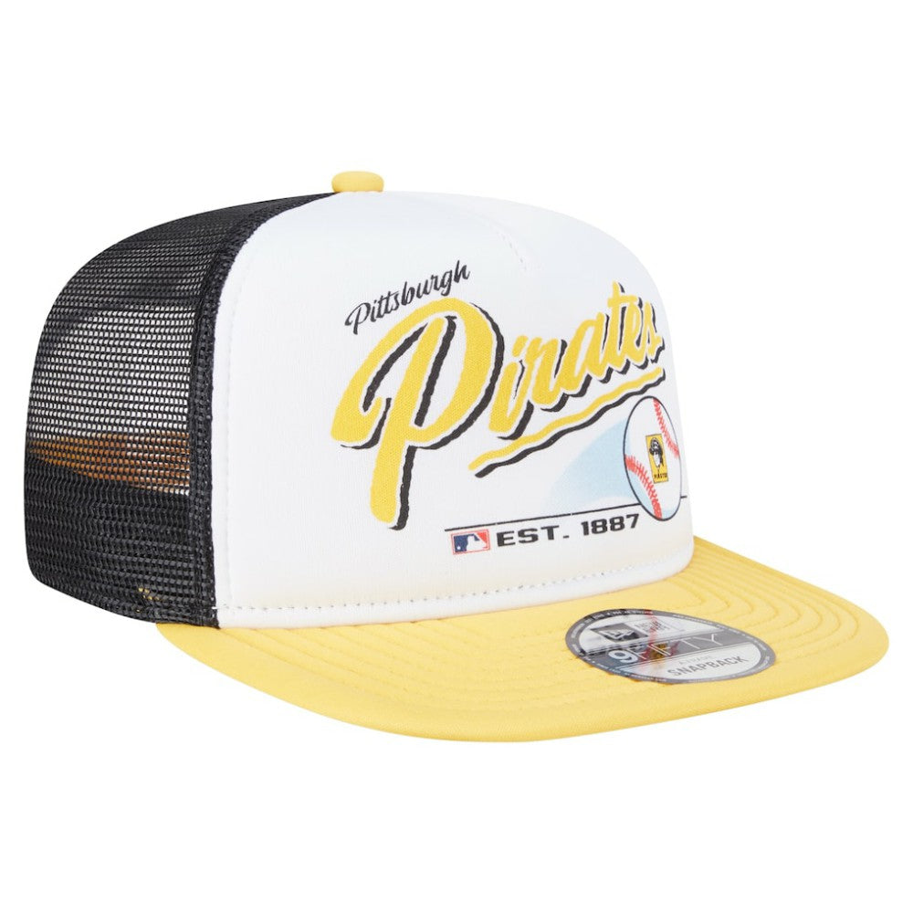 Pittsburgh Pirates New Era Retro Script Trucker 9FIFTY Snapback Hat - White/Gold Hats