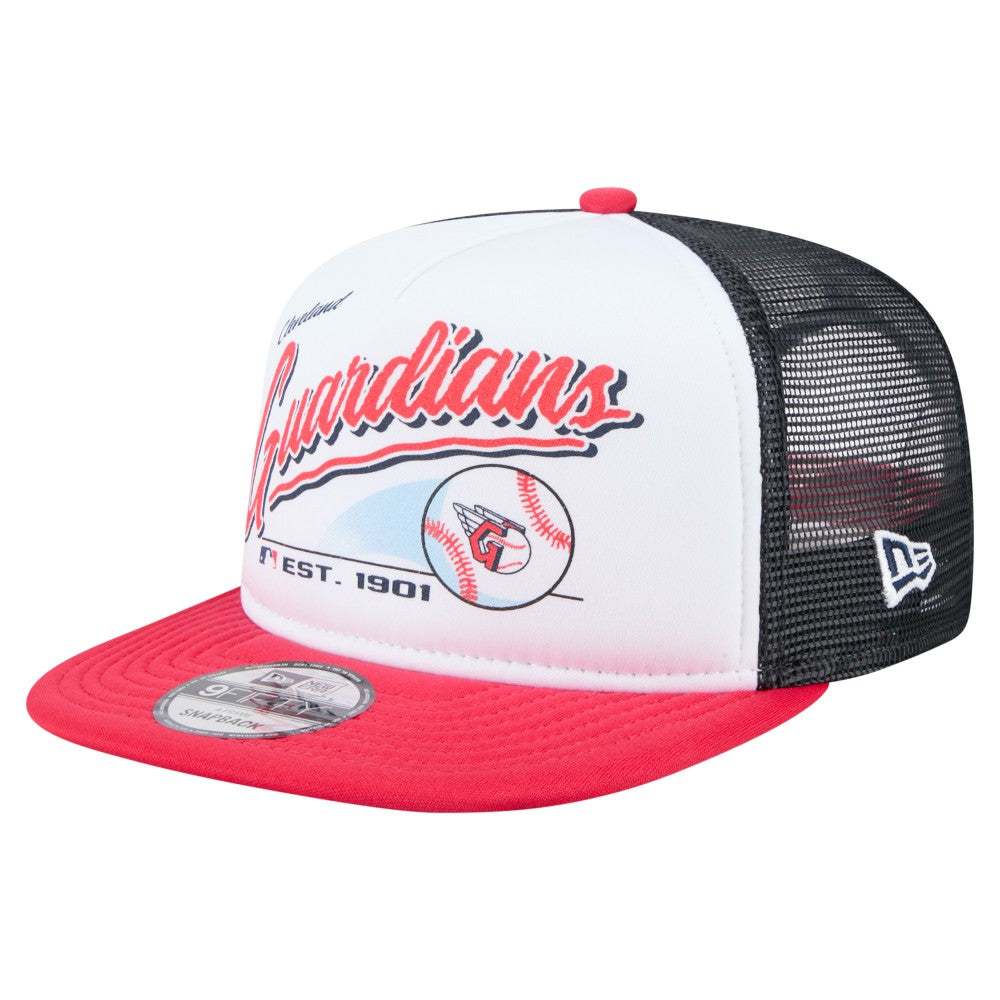 Cleveland Guardians New Era Retro Script Trucker 9FIFTY Snapback Hat - White/Red Hats