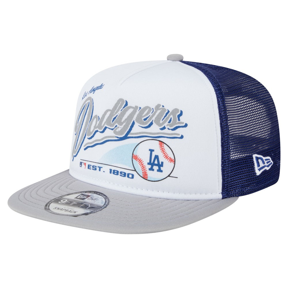 Los Angeles Dodgers New Era Retro Script Trucker 9FIFTY Snapback Hat - White/Gray Hats