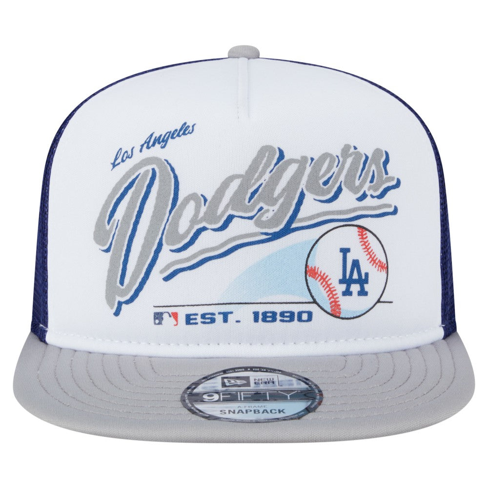 Los Angeles Dodgers New Era Retro Script Trucker 9FIFTY Snapback Hat - White/Gray Hats