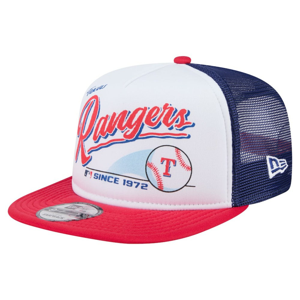 Texas Rangers New Era Retro Script Trucker 9FIFTY Snapback Hat - White/Red Hats