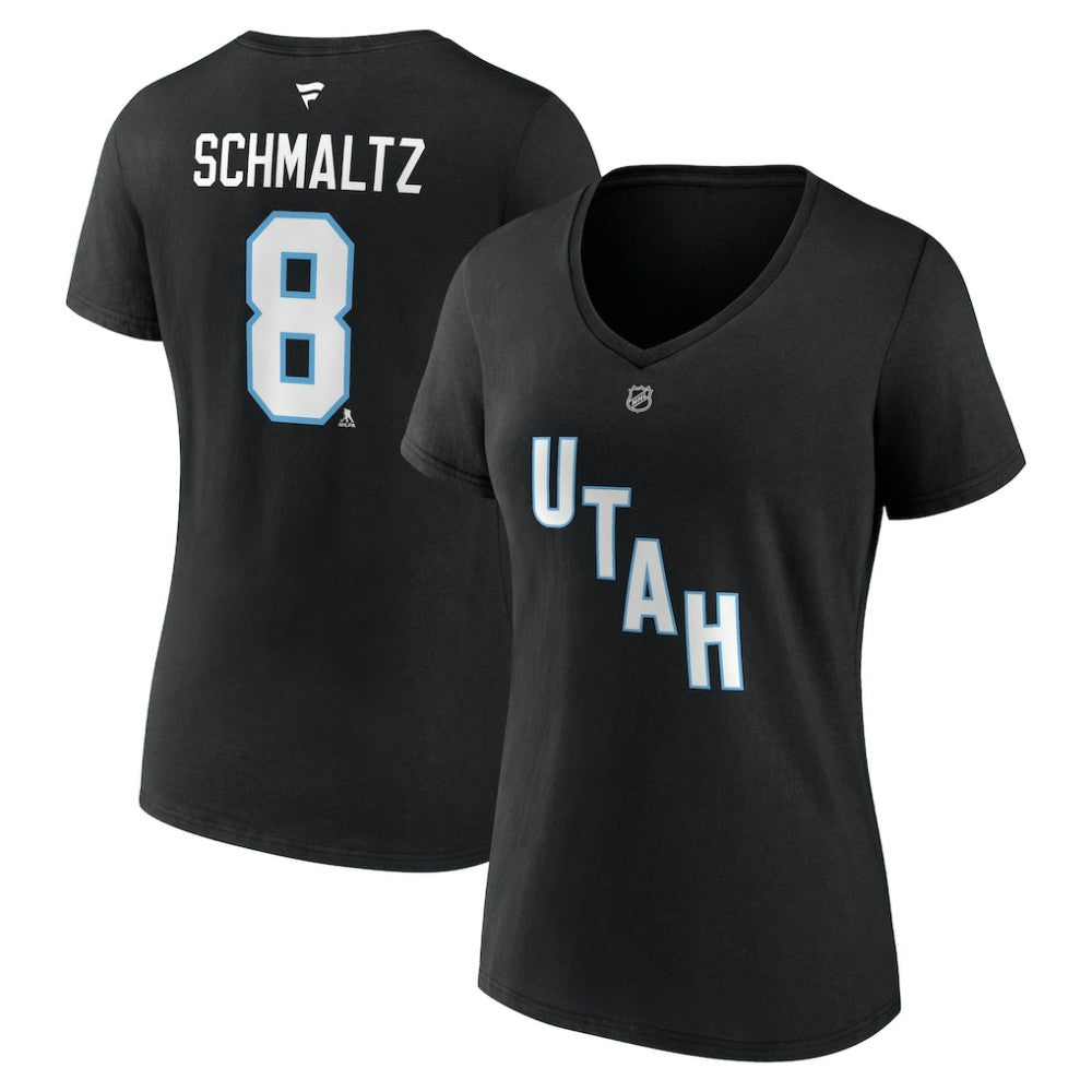 NHL Nick Schmaltz Utah Mammoth Fanatics Women's Authentic Stack Name & Number V-Neck T-Shirt - Black
