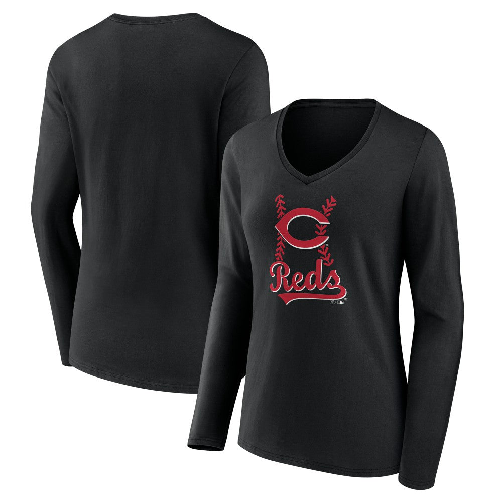 Cincinnati Reds Women's Fastball Long Sleeve V-Neck T-Shirt - Black T-shirts