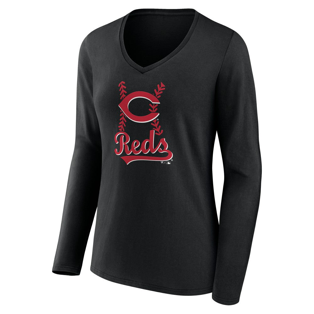 Cincinnati Reds Women's Fastball Long Sleeve V-Neck T-Shirt - Black T-shirts