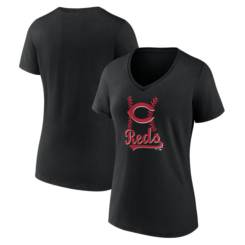 Cincinnati Reds Women's Fastball V-Neck T-Shirt - Black T-shirts