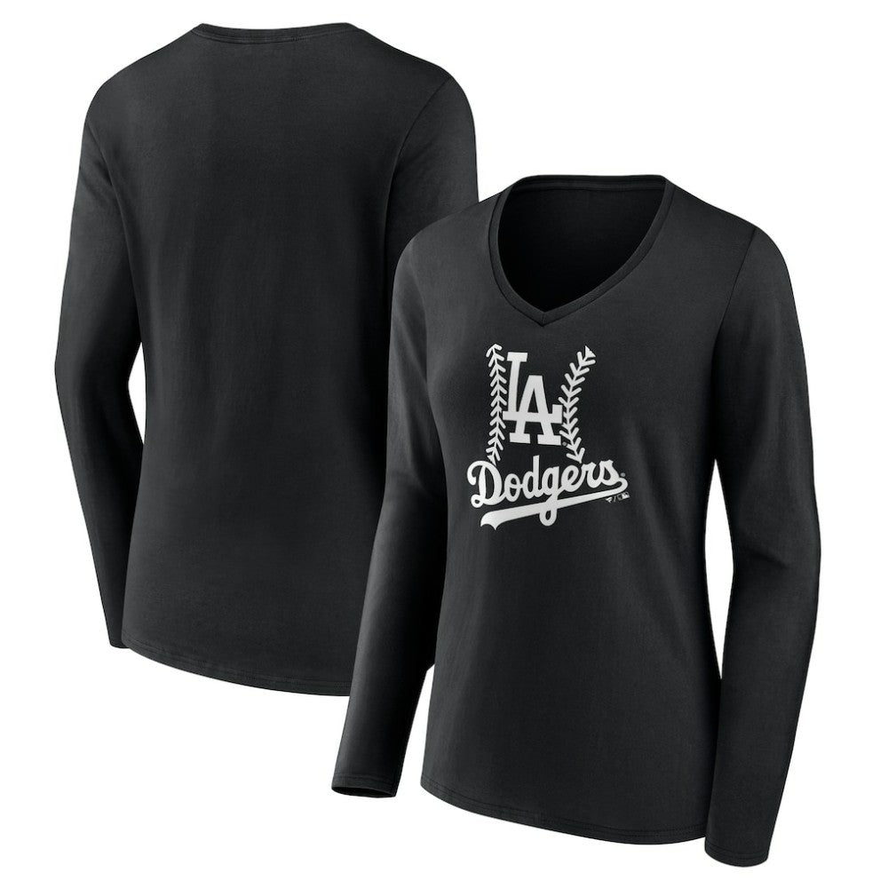 Los Angeles Dodgers Women's Fastball Long Sleeve V-Neck T-Shirt - Black T-shirts