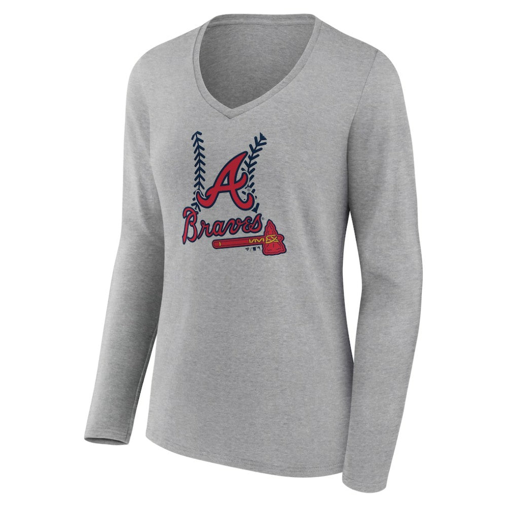 Atlanta Braves Women's Fastball Long Sleeve V-Neck T-Shirt - Gray T-shirts