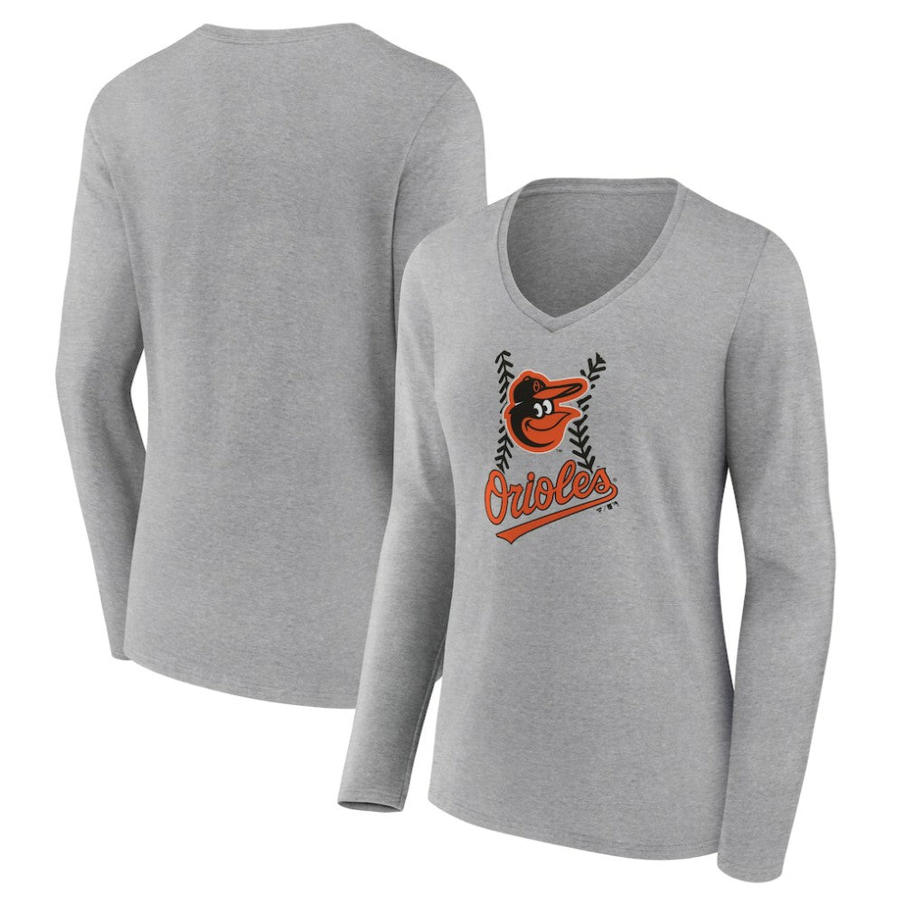 Baltimore Orioles Women's Fastball Long Sleeve V-Neck T-Shirt - Gray T-shirts