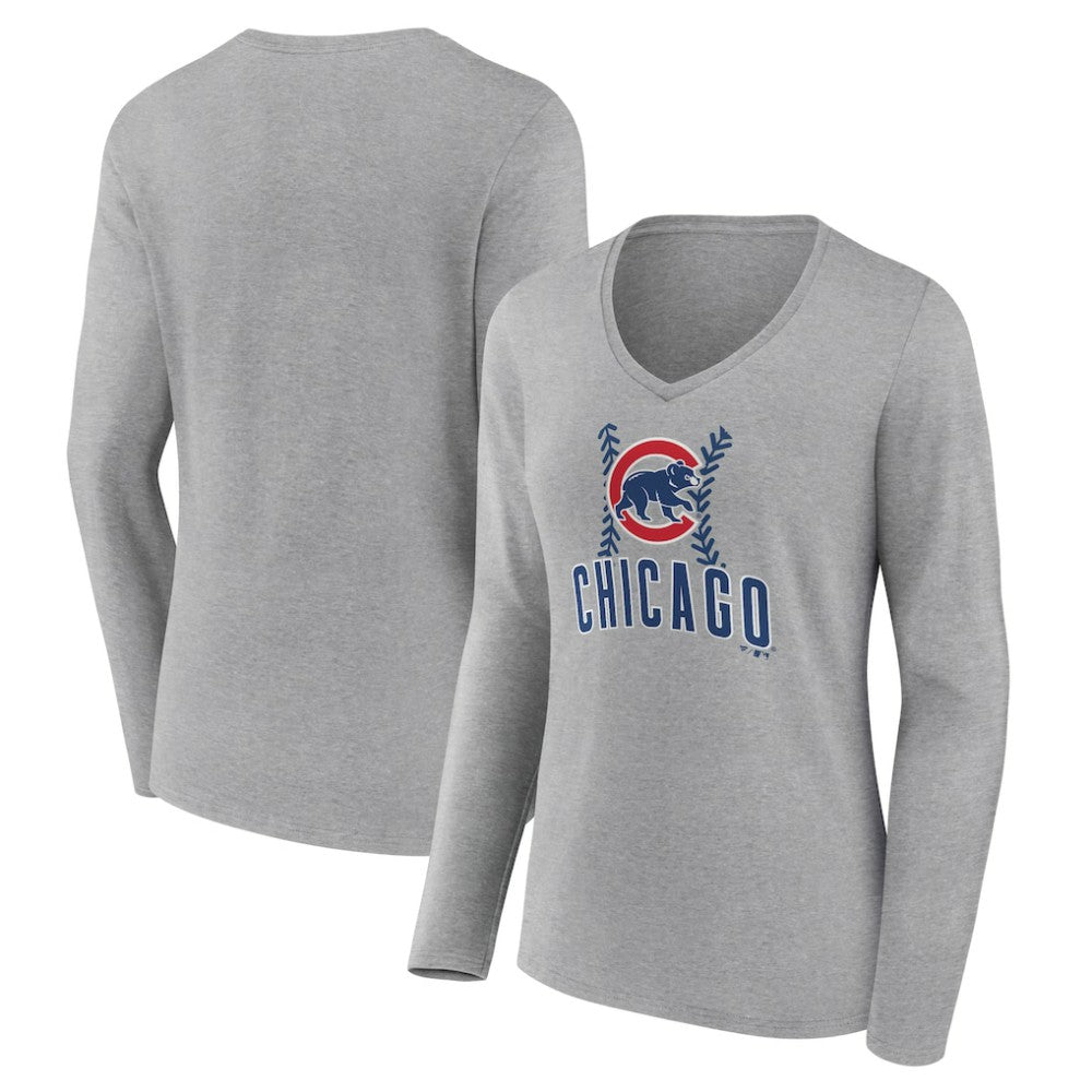 Chicago Cubs Women's Fastball Long Sleeve V-Neck T-Shirt - Gray T-shirts