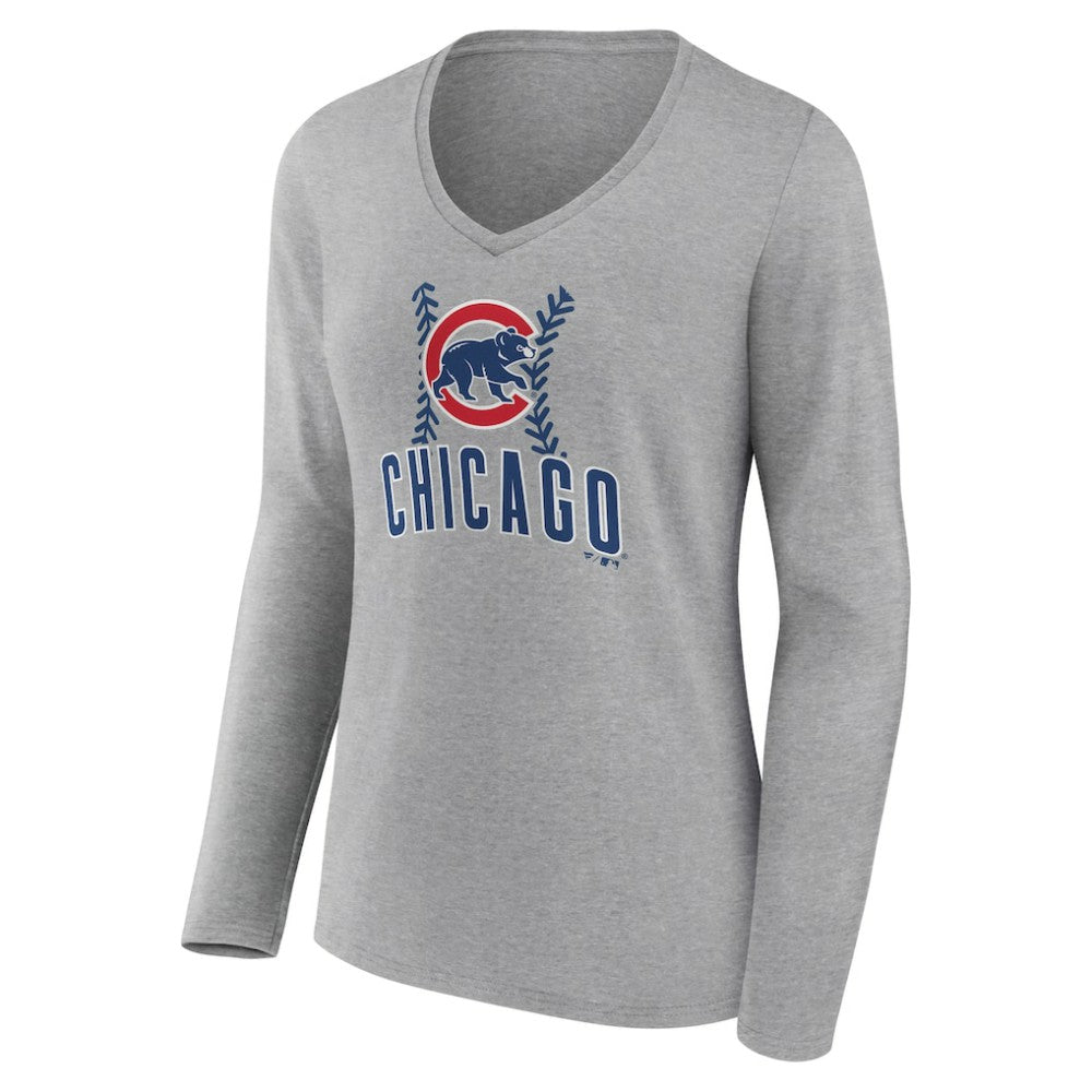 Chicago Cubs Women's Fastball Long Sleeve V-Neck T-Shirt - Gray T-shirts