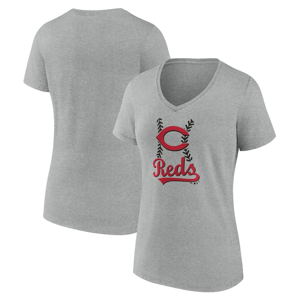 Cincinnati Reds Women's Fastball V-Neck T-Shirt - Gray T-shirts