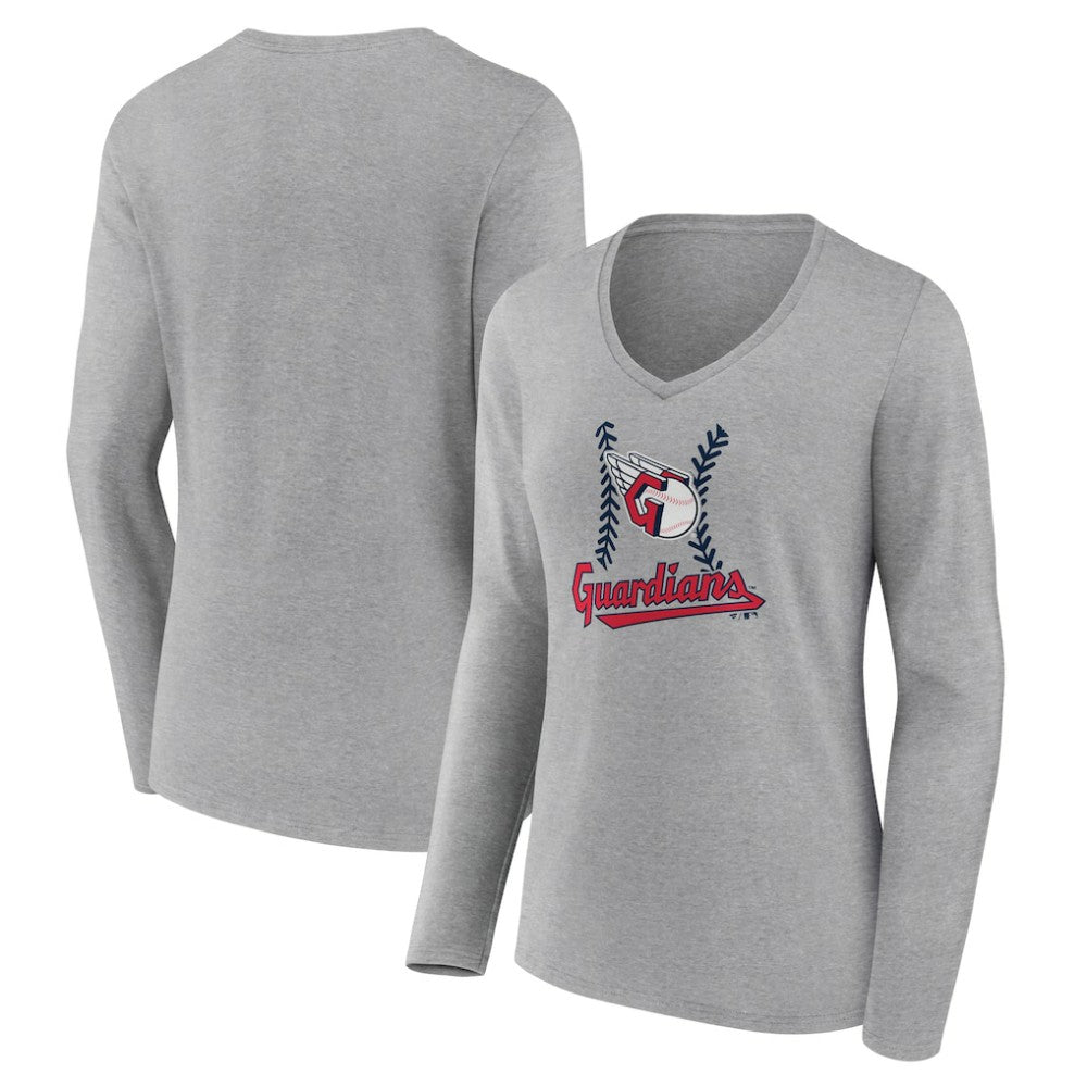 Cleveland Guardians Women's Fastball Long Sleeve V-Neck T-Shirt - Gray T-shirts