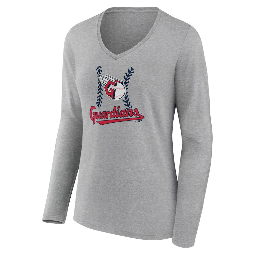 Cleveland Guardians Women's Fastball Long Sleeve V-Neck T-Shirt - Gray T-shirts