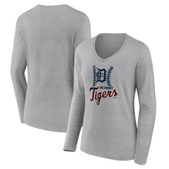 Detroit Tigers Women's Fastball Long Sleeve V-Neck T-Shirt - Gray T-shirts