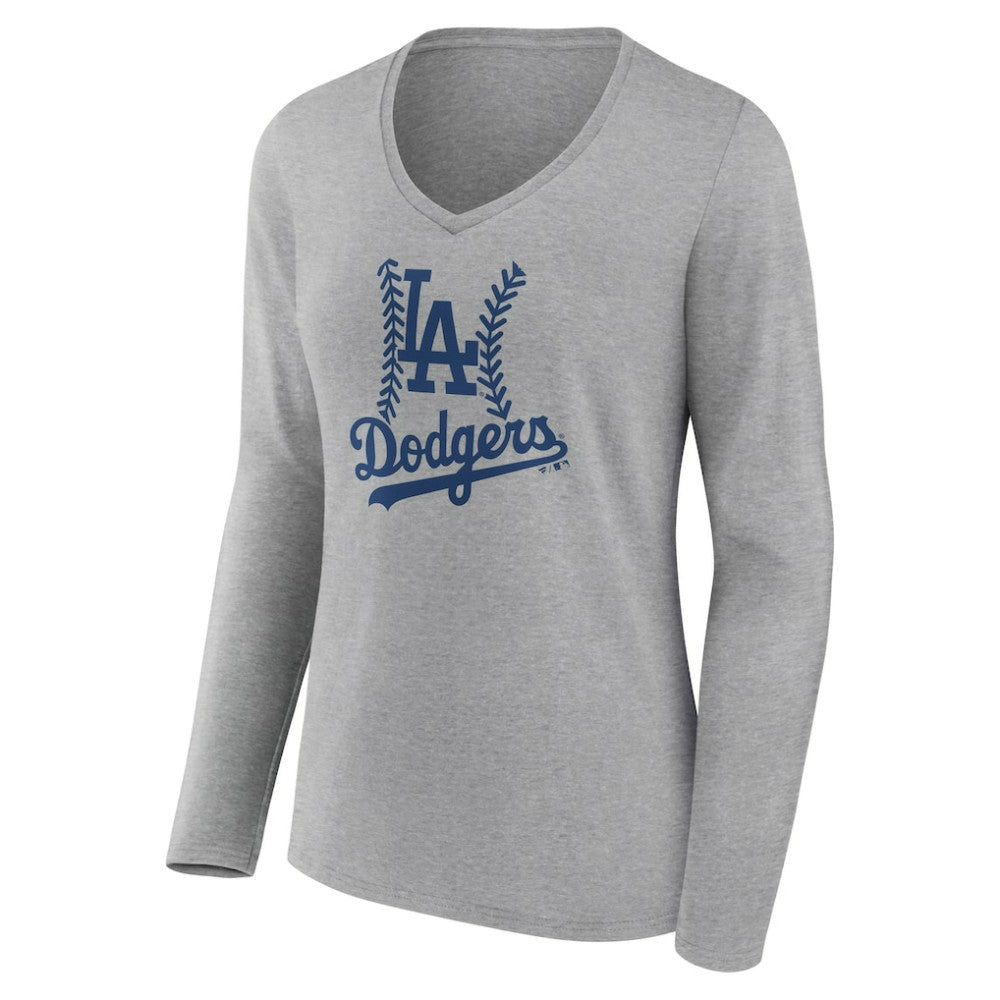 Los Angeles Dodgers Women's Fastball Long Sleeve V-Neck T-Shirt - Gray T-shirts