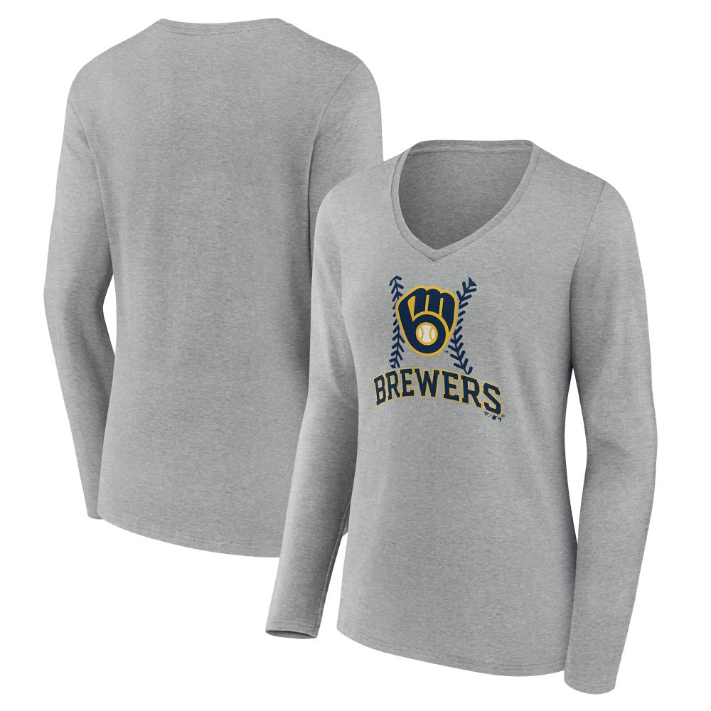 Milwaukee Brewers Women's Fastball Long Sleeve V-Neck T-Shirt - Gray T-shirts