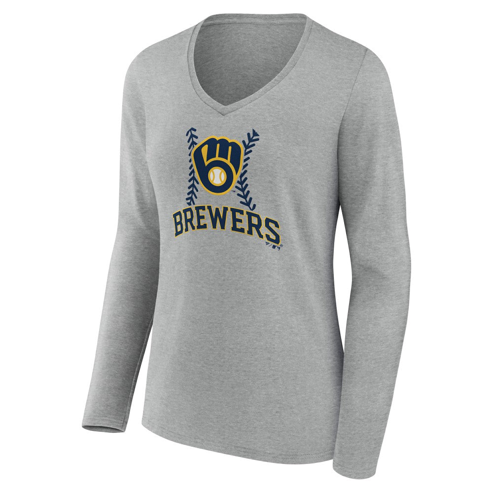 Milwaukee Brewers Women's Fastball Long Sleeve V-Neck T-Shirt - Gray T-shirts
