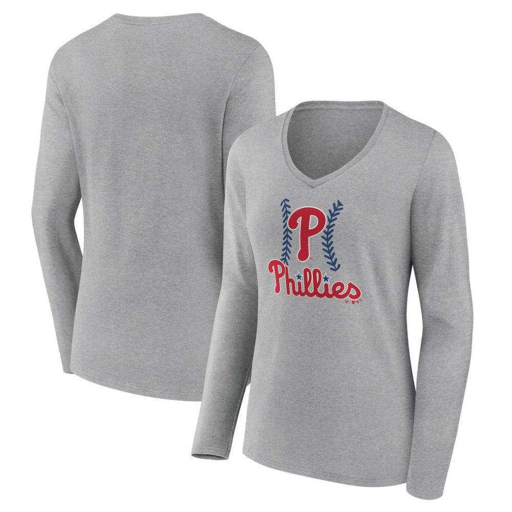 Philadelphia Phillies Women's Fastball Long Sleeve V-Neck T-Shirt - Gray T-shirts