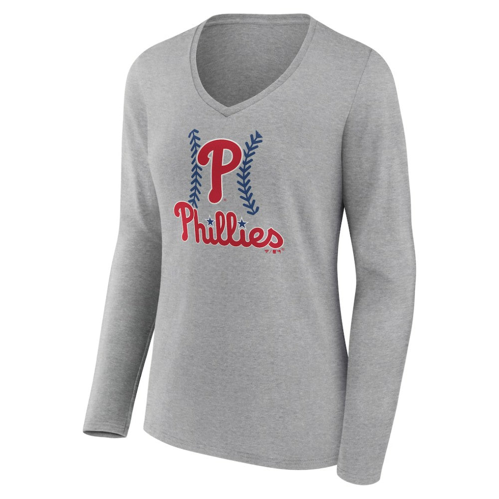 Philadelphia Phillies Women's Fastball Long Sleeve V-Neck T-Shirt - Gray T-shirts