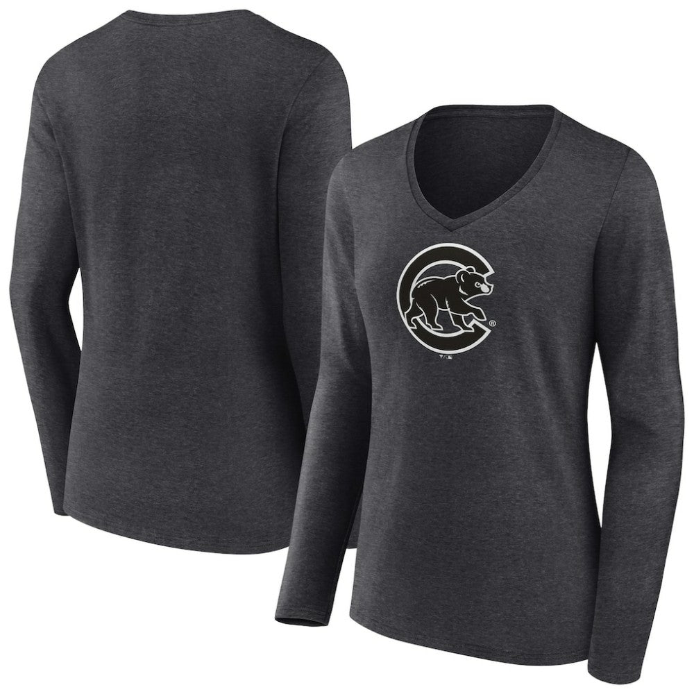 Chicago Cubs Women's Monochrome Long Sleeve V-Neck T-Shirt - Charcoal T-shirts
