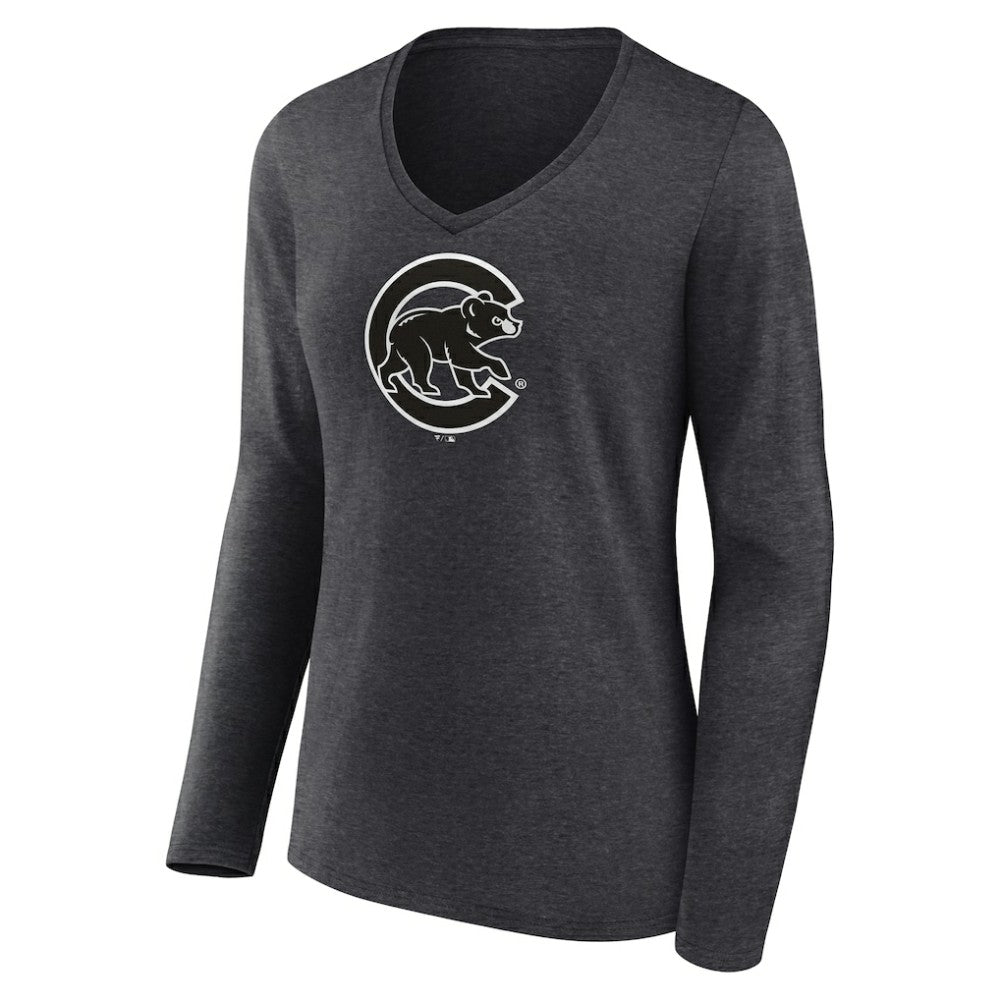 Chicago Cubs Women's Monochrome Long Sleeve V-Neck T-Shirt - Charcoal T-shirts