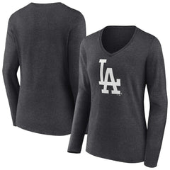 Los Angeles Dodgers Women's Monochrome Long Sleeve V-Neck T-Shirt - Charcoal T-shirts