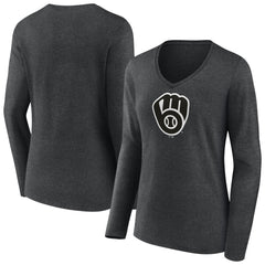 Milwaukee Brewers Women's Monochrome Long Sleeve V-Neck T-Shirt - Charcoal T-shirts