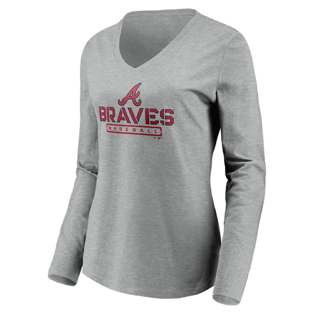 Atlanta Braves Women's Evanston Stencil Long Sleeve V-Neck T-Shirt - Gray T-shirts